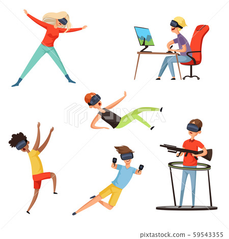 Virtual reality gamer. Funny and happy characters playing online games VR helmet virtual headset or 59543355