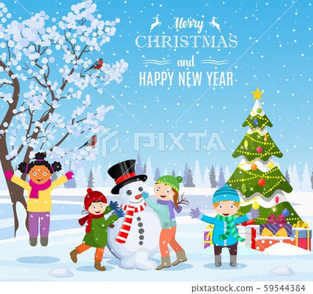 Children building snowman. Children building snowman. 59544384