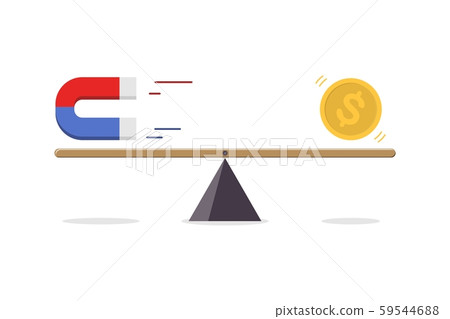Magnet attracting gold dollar coin on seesaw Magnet attracting gold dollar coin on seesaw 59544688