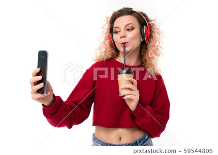 Caucasian girl with curly fair hair drinks coffe and chatting with friends, portrait isolated on 59544806