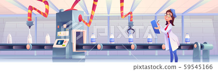 Milk bottles on factory conveyor with robotic arms 59545166