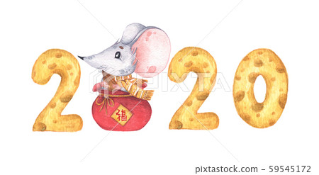 Happy New Year 2020. Little mouse sitting in a red bag with cheese calendar. Watercolor illustration. 59545172