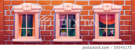 Windows of house or castle, brick wall facade 59545175