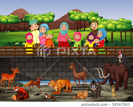 Scene with people and animals at the zoo - Stock Illustration [59547903 ...