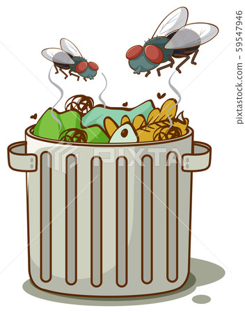 Trasshcan with flies on white background 59547946