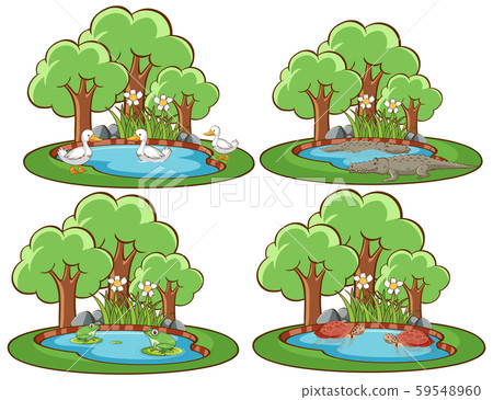 Four forest scenes with many animals 59548960