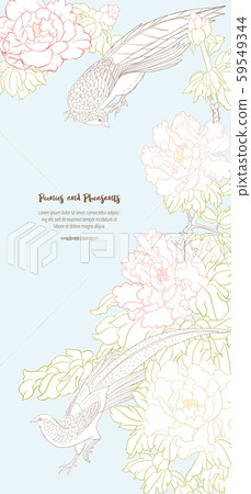 Peony tree branch with flowers with pheasants Peony tree branch with flowers with pheasants 59549344