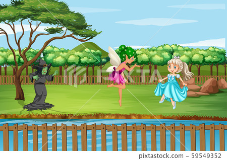 Scene with witch and fairies in the park Scene with witch and fairies in the park 59549352