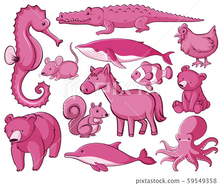 Isolated set of many animals in pink Isolated set of many animals in pink 59549358