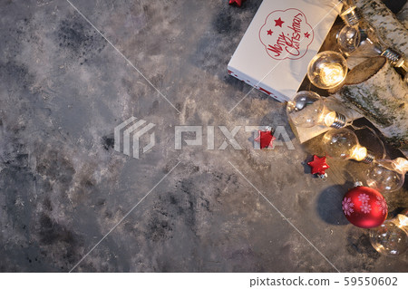 Christmas background with wood tree and decor. Top 59550602