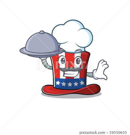 Cartoon uncle sam hat with chef holding food Cartoon uncle sam hat with chef holding food 59550635