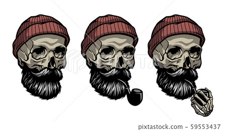 Skull of a sailor in a knitted hat and with a tobacco pipe. In three options. Vector illustration. 59553437