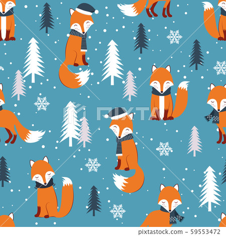 Christmas seamless pattern with warm fox - Stock Illustration [59553472 ...