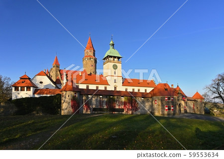 Beautiful old romantic Bouzov castle at sunset 59553634