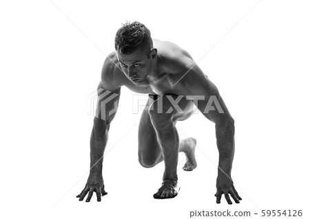Man preparing for running. silhouette. isolate on white. Black and white photo 59554126