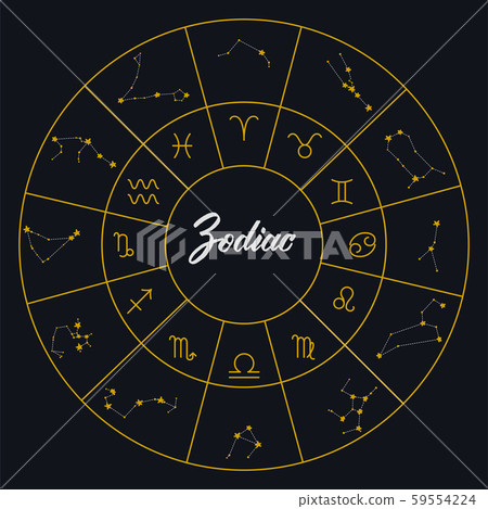 Zodiac constellations and zodiac signs in a circle diagram. Zodiac constellations and zodiac signs in a circle diagram. 59554224