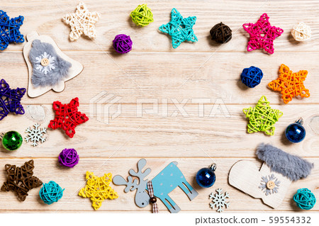 Top view of Christmas decorations and toys on 59554332