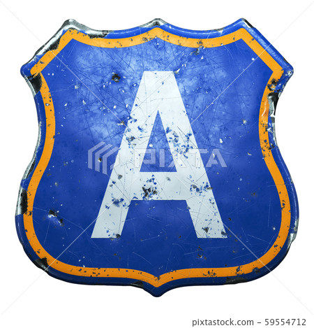 Public road sign in blue and orange color with a capitol white letter A in the center isolated 59554712