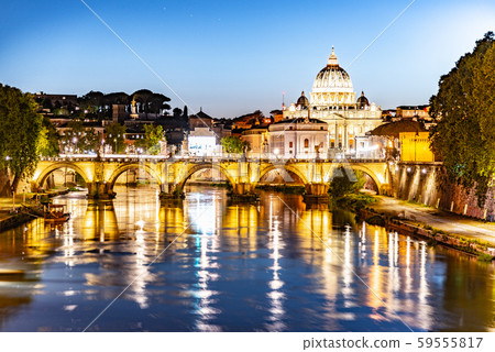 St Peters Basilica in Vatican and Ponte Sant'Angelo Bridge over Tiber River at dusk. Romantic St Peters Basilica in Vatican and Ponte Sant'Angelo Bridge over Tiber River at dusk. Romantic 59555817