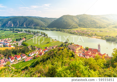 Scenic aerial view of Durnstein Village, Wachau Valley of Danube River, Austria 59555851
