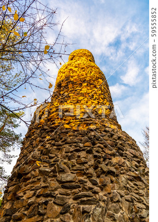 Spiral lookout tower of Krasno. Unusual stone landmark near Krasno Village, Czech Republic 59555852