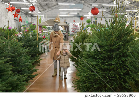Mother and daughter choose a Christmas tree in a shop 59555906