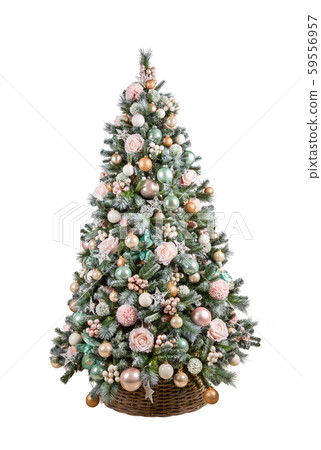 3251 New Year tree with flowers and roses pink on white background in basket 3251 New Year tree with flowers and roses pink on white background in basket 59556957