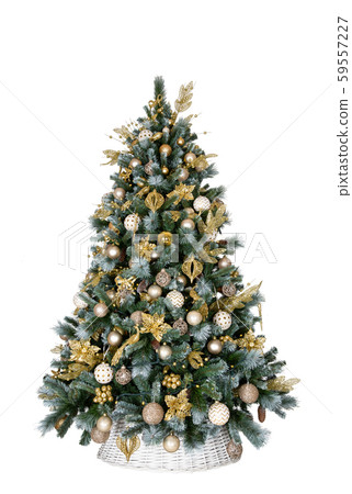 Christmas tree in gold flowers in white basket on white background Christmas tree in gold flowers in white basket on white background 59557227