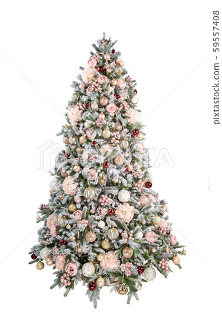 New Year Christmas tree on white background with pink rink New Year Christmas tree on white background with pink rink 59557408