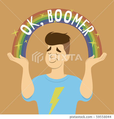 Flat vector cartoon of young man with stylish hair, smug face, and thunder T-shirt shrugs. Sparkle rainbow with OK, Boomer text arch from his hands. Inspired by popular memes. 59558044
