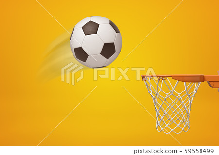 3d rendering of a football flying toward basketball hoop on amber background. 59558499