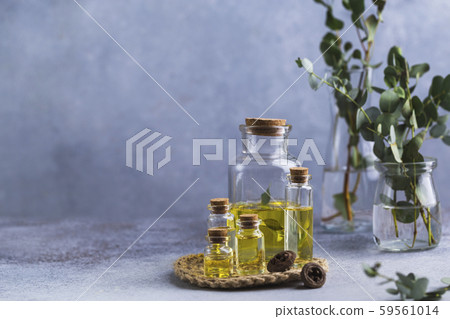 Set of glass bottles with eucalyptus essential oil on grey table leaves in vase Set of glass bottles with eucalyptus essential oil on grey table leaves in vase 59561014