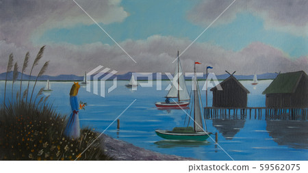 Woman standing on the shore of a lake with 59562075
