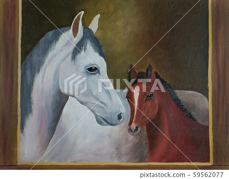 White horse and brown foal with brown frame White horse and brown foal with brown frame 59562077