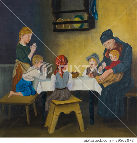 A woman and five children at the table praying A woman and five children at the table praying 59562078