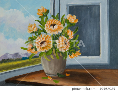 Orange flowers at the window in a beige vase Orange flowers at the window in a beige vase 59562085