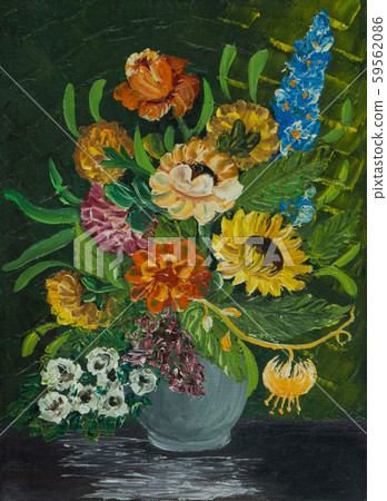 Flowers in a grey vase against a green background Flowers in a grey vase against a green background 59562086