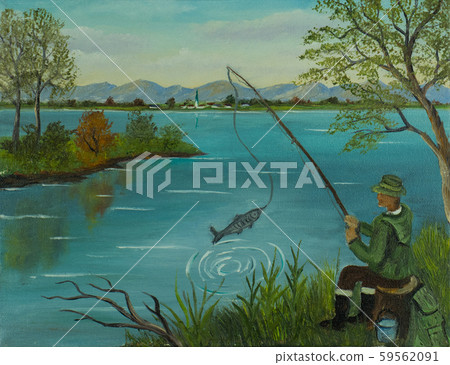 Man sits fishing and catches a fish Man sits fishing and catches a fish 59562091