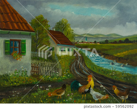 Three chickens and a rooster in meadow in front of 59562092