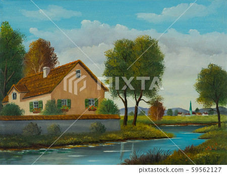 House on the river near a small village 59562127