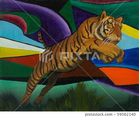 Jumping tiger against a colorful background Jumping tiger against a colorful background 59562140