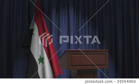 Flag of Syria and speaker podium tribune. Political event or statement related conceptual 3D Flag of Syria and speaker podium tribune. Political event or statement related conceptual 3D 59564068
