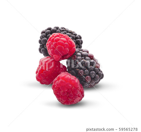 pile of raspberries and blackberries with leaves isolated on white background 59565278