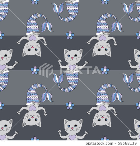 Cat mermaid vector seamless pattern. Hand drawn abstract kitty cartoon background. Swimming cute 59568139