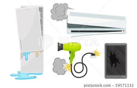 Set of broken household appliances. Vector illustration on a white background. Set of broken household appliances. Vector illustration on a white background. 59571132