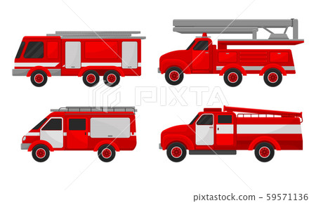 Set of red fire engines. Vector illustration on a white background. 59571136