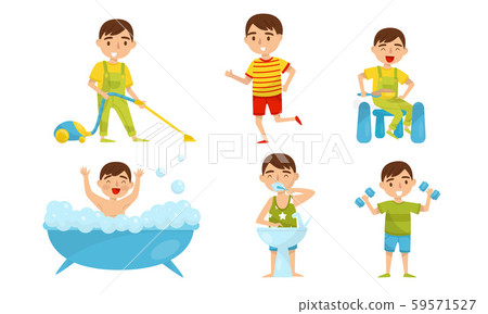 Boy does exercises and restores order in the house. Vector illustration. 59571527