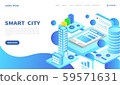 Mobile phone and Smart Digital Virtual City and Intelligent buildings concept. Magnifying glass and Data Analysis. Landing page template. Can use for web and banner. 3d vector isometric illustration. 59571631