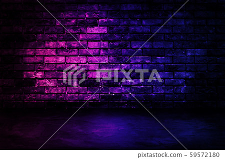 Studio dark room with lighting effect red and blue on brick wall gradient background for interior decoration. 59572180