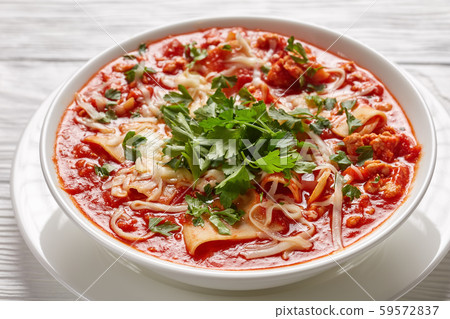 lasagna soup with mincemeat in a bowl lasagna soup with mincemeat in a bowl 59572837